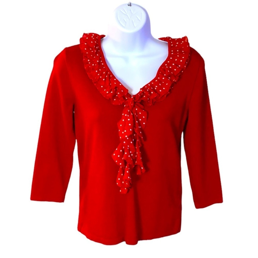JNY Red Knit Blouse 3/4 Length Sleeves Chiffon Polka Dot Ruffle Collar​​…